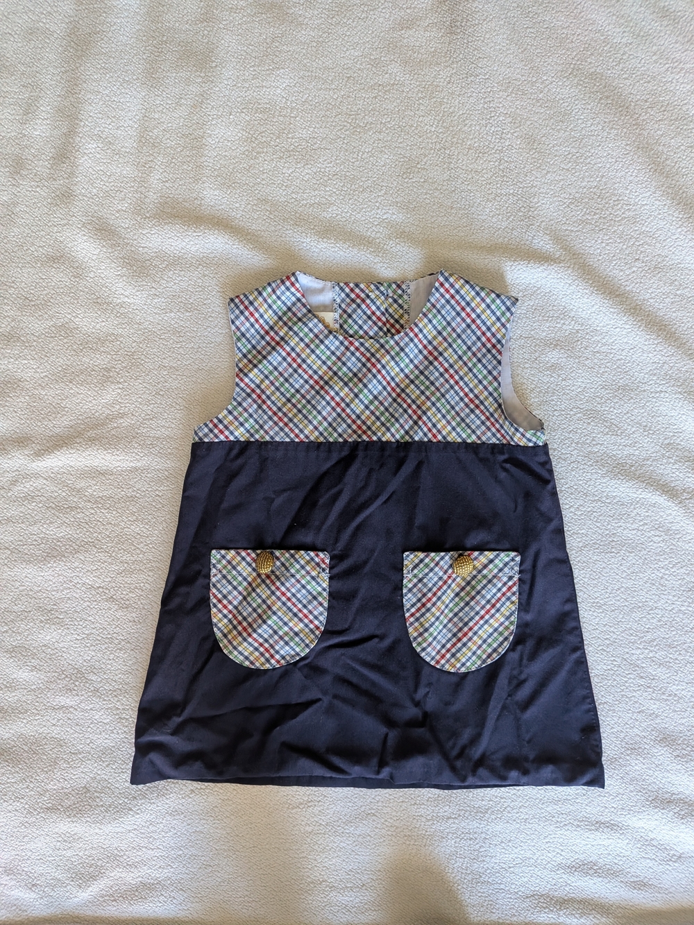 The Beaufort Bonnet Company Navy Dress with Multicolor Plaid Yoke & Pockets
